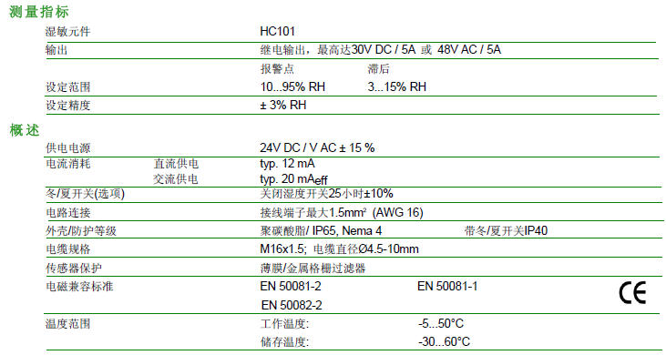 EE14溫濕度變送器技術參數
